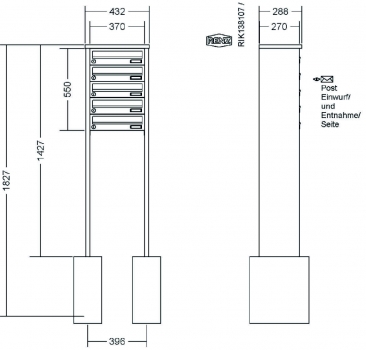 RENZ Briefkastenanlage freistehend, Tetro, Kastenformat 370x110x270mm, 5-teilig, zum Einbetonieren